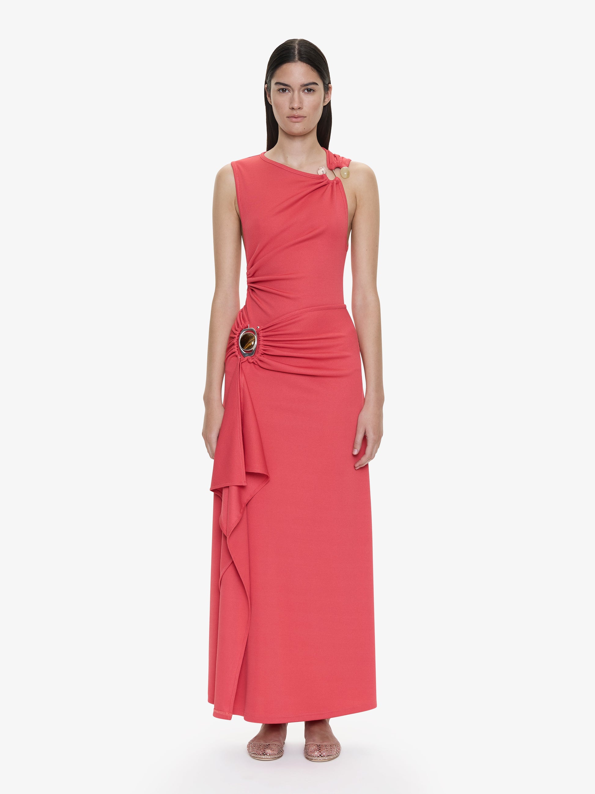 Image of a model wearing Skirts. Productname: CHRISTOPHER ESBER Occhio Crystal Cascade Skirt in Watermelon colour by brand - CHRISTOPHER ESBER