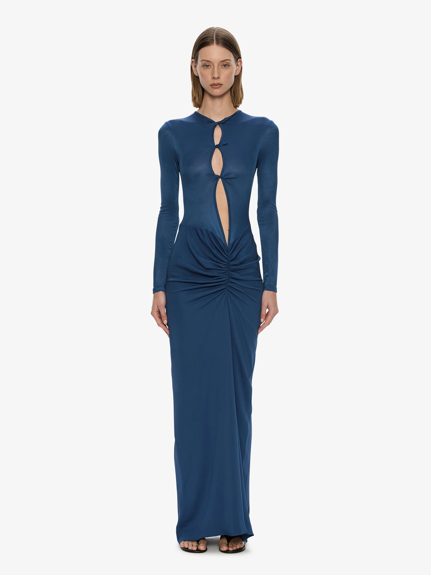Image of Dresses. Product name - Open Twist Ruched Long Sleeve Dress in Blue colour by brand - CHRISTOPHER ESBER