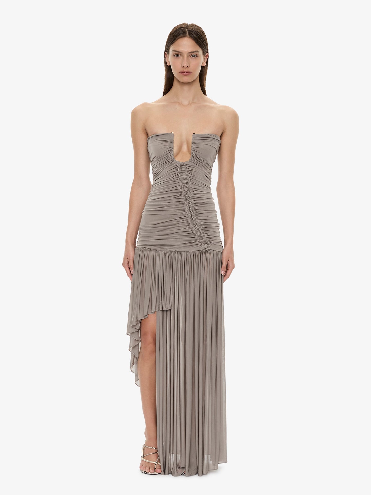 Image of Dresses. Product name - Arced Orion Strapless Gown in Slate colour by brand - CHRISTOPHER ESBER