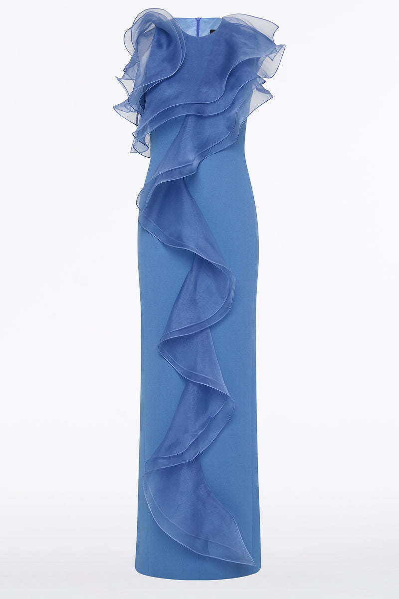 Carla Zampatti Atlas Crepe Ruffle Front Gown (Blue)