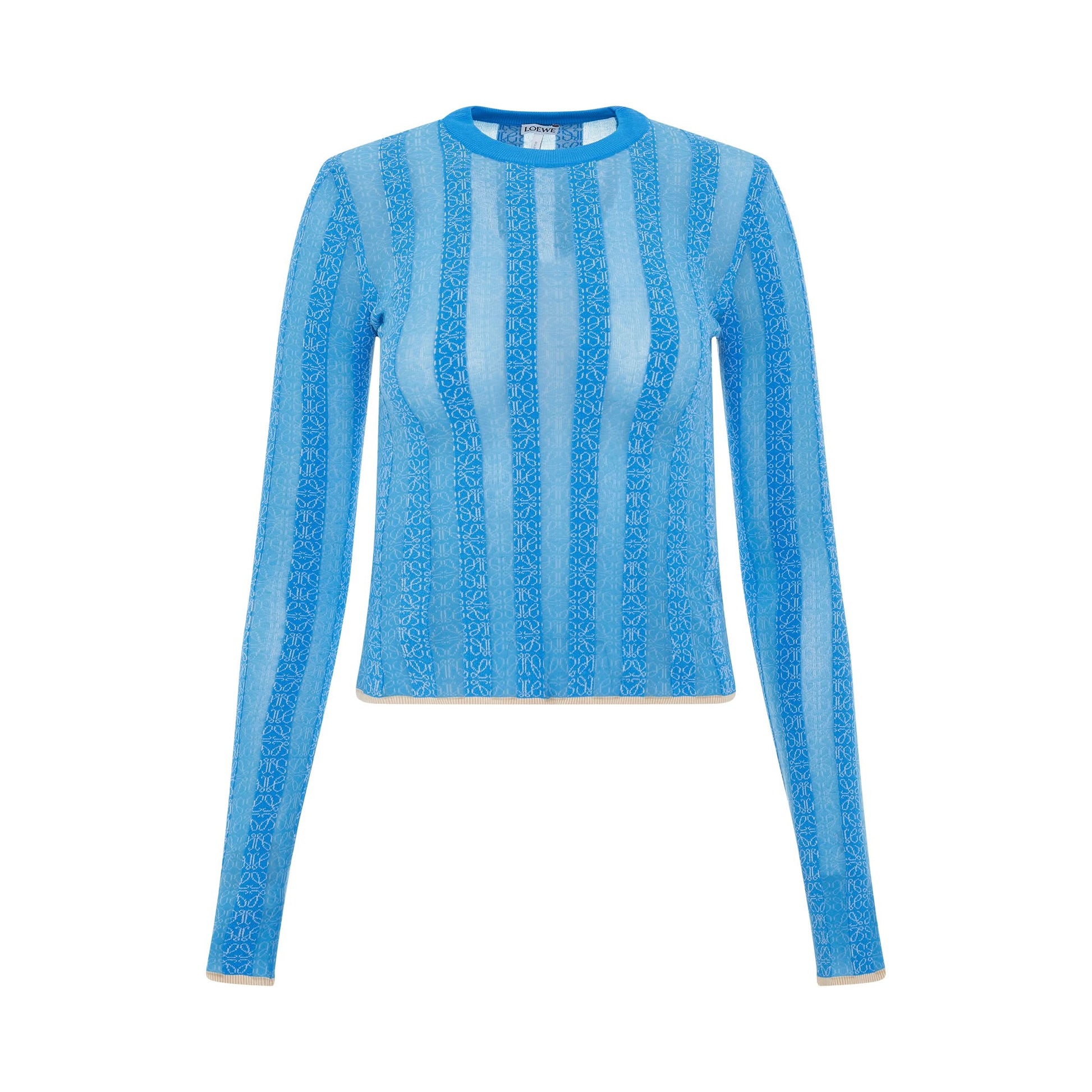 Image of a model wearing Outerwear. Product name - Anagram Devore Viscose Sweater in Light Blue colour by brand - LOEWE