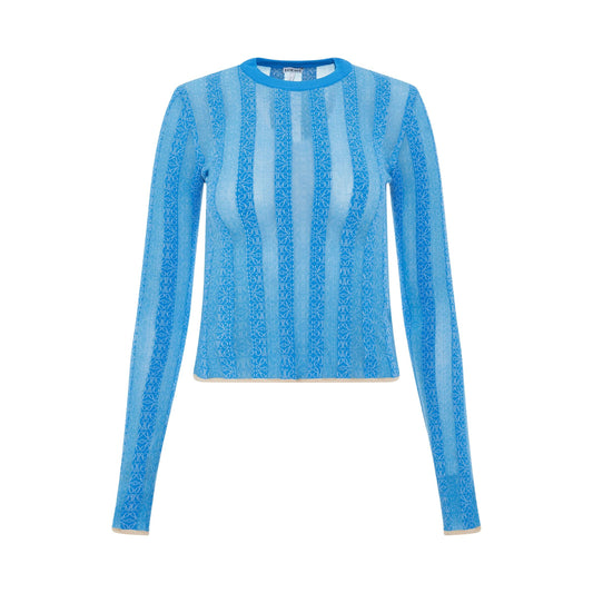 Image of a model wearing Outerwear. Product name - Anagram Devore Viscose Sweater in Light Blue colour by brand - LOEWE