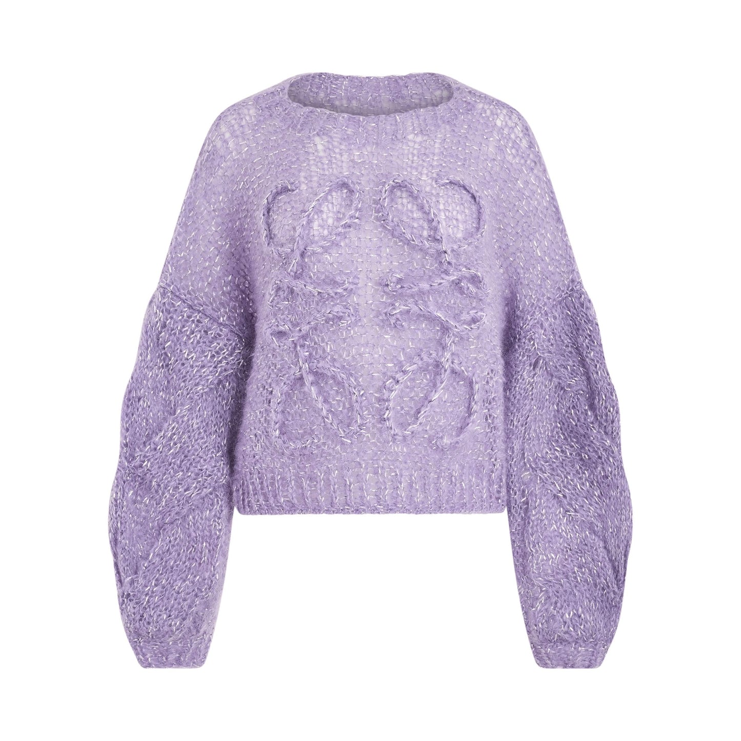 Image of a model wearing Outerwear. Productname: LOEWE Cropped Anagram Mohair Sweater in PURPLE colour by brand - LOEWE
