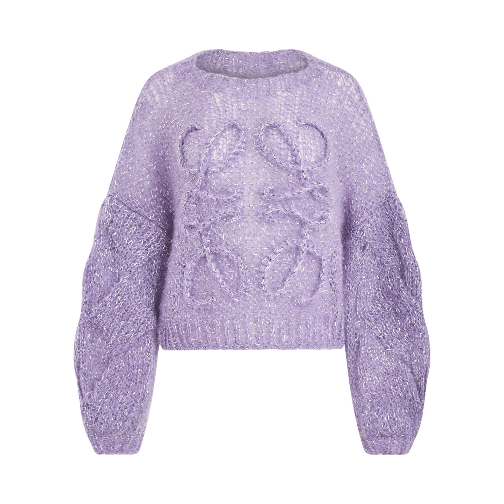 Image of a model wearing Outerwear. Productname: LOEWE Cropped Anagram Mohair Sweater in PURPLE colour by brand - LOEWE