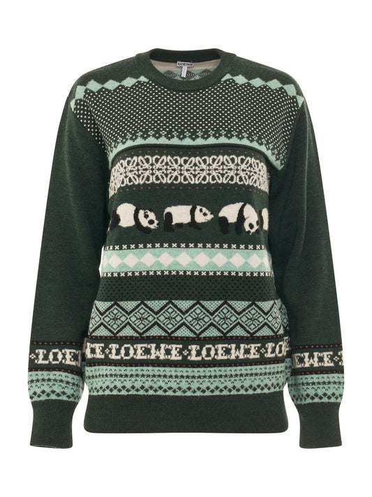 Image of a model wearing Outerwear. Productname: LOEWE Suna Fujita Panda Knit Sweater in Dark Green Multicolour colour by brand - LOEWE