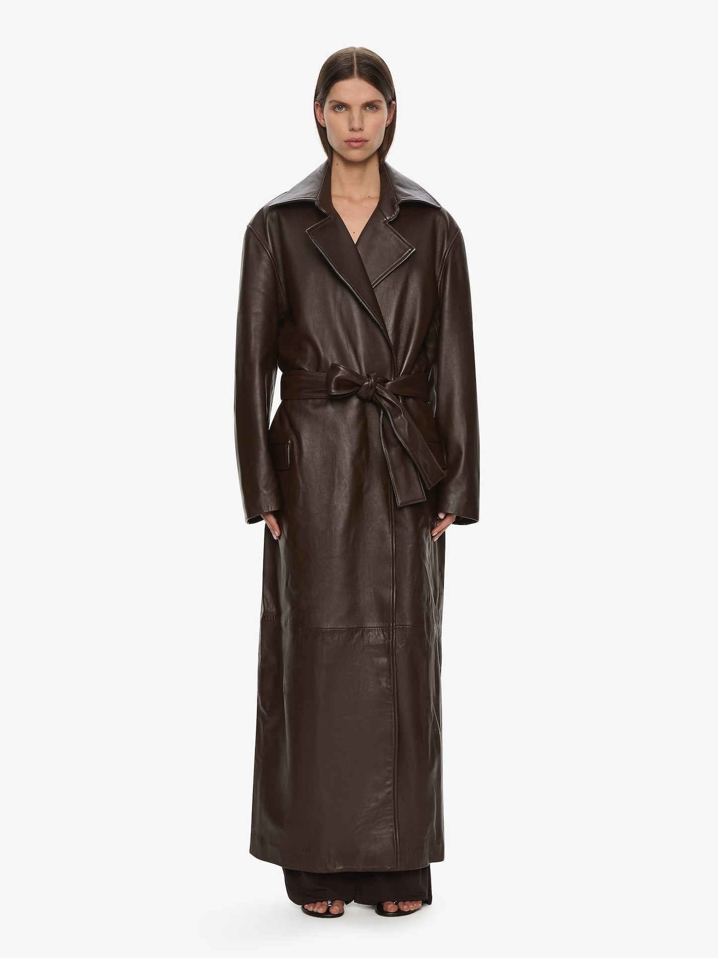 Image of a model wearing Outerwear. Productname: CHRISTOPHER ESBER Calais Leather Trench in Espresso colour by brand - CHRISTOPHER ESBER