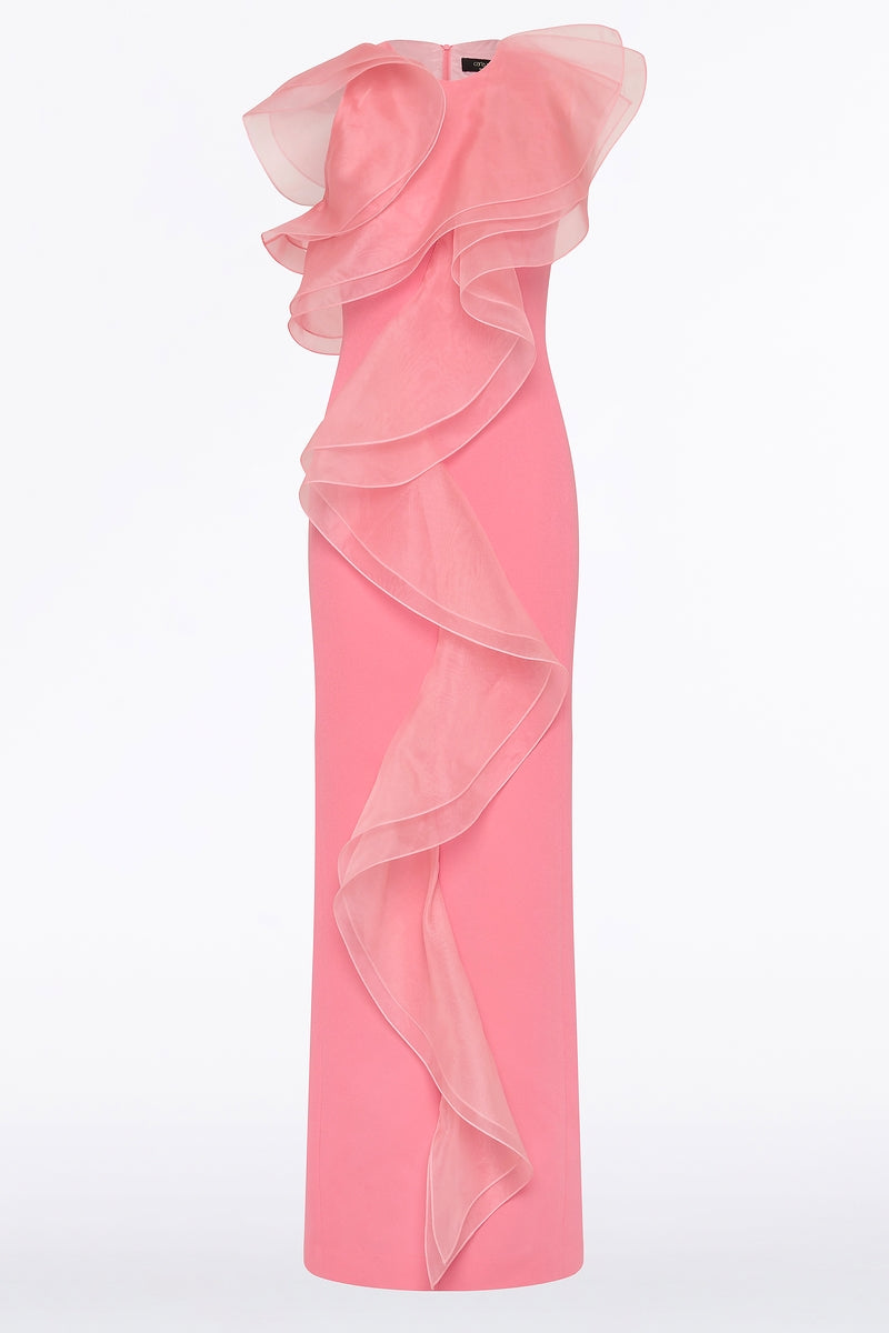 Carla Zampatti Rose Crepe Ruffle Front Gown (Pink)