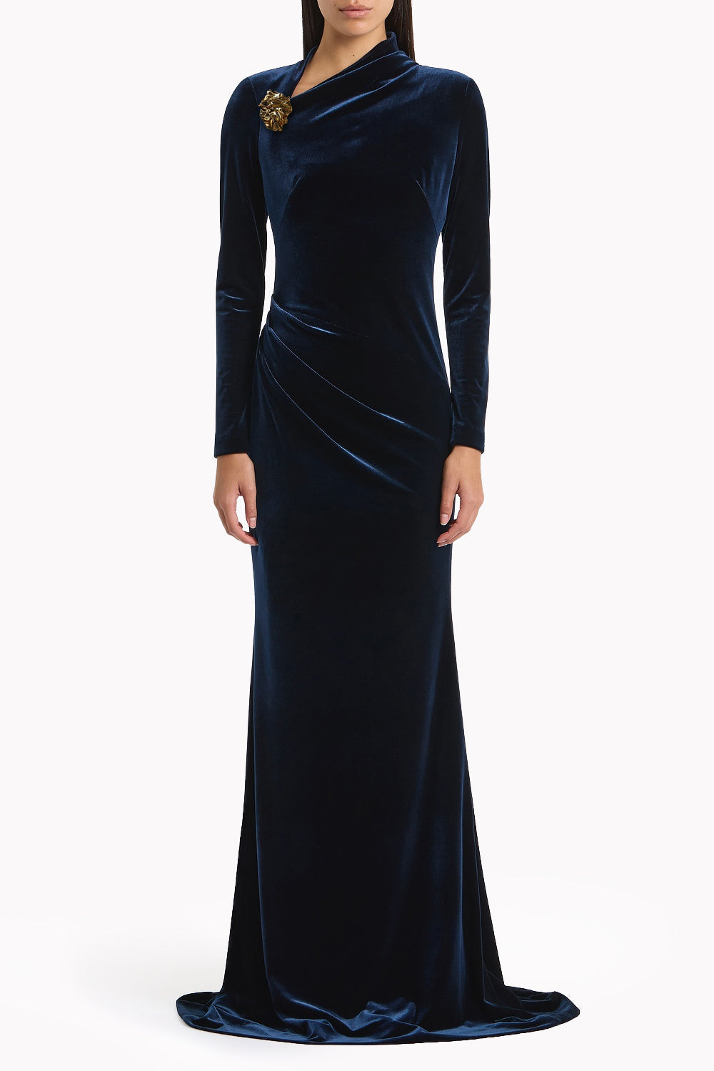 Image of Dresses. Product name - Navy Velvet Asymmetric Neck Detail Gown in Navy colour by brand - Carla Zampatti