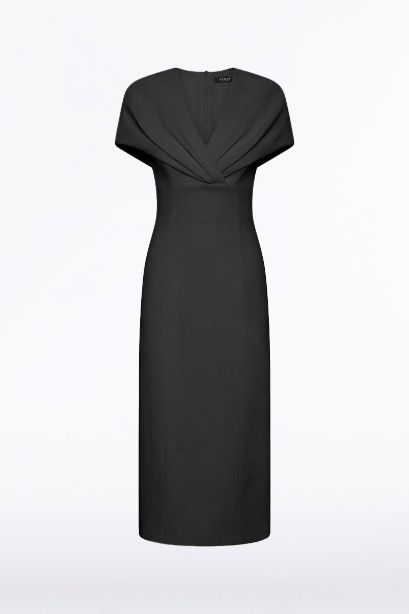 Carla Zampatti Crepe Front Tuck Midi Dress (Black)