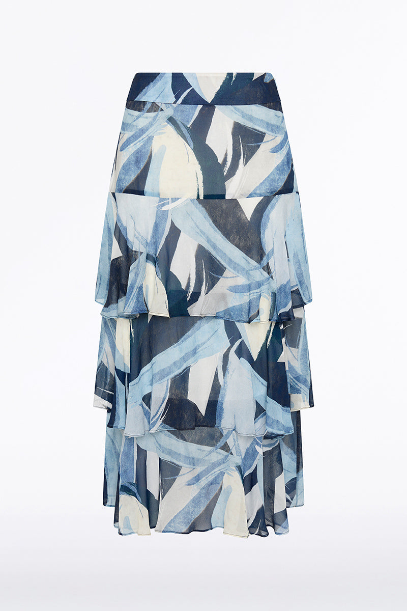 Carla Zampatti Painted Floral Georgette Tiered Skirt (Blue)