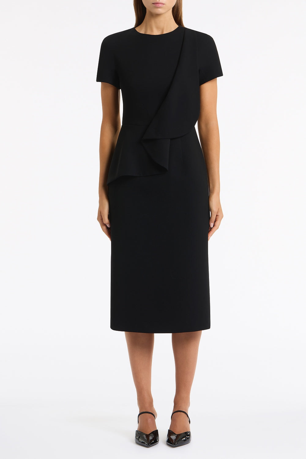 Image of Dresses. Product name - Black Crepe Drape Peplum Midi Dress in Black colour by brand - Carla Zampatti