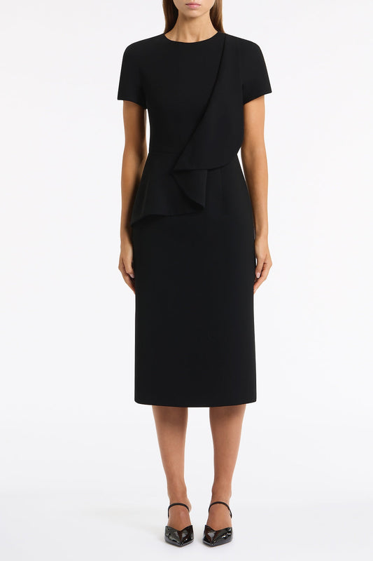 Image of Dresses. Product name - Black Crepe Drape Peplum Midi Dress in Black colour by brand - Carla Zampatti