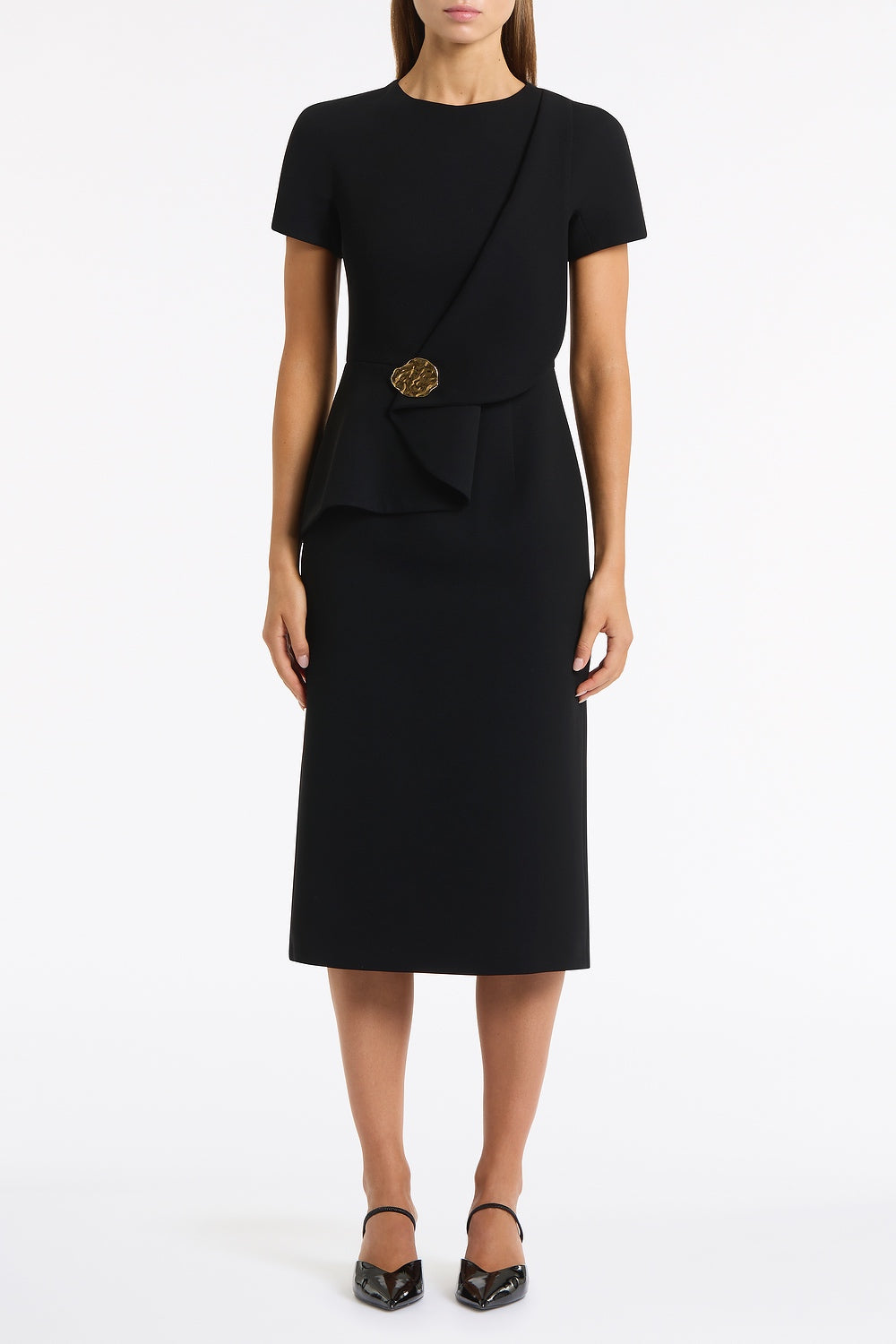 Carla Zampatti Crepe Drape Peplum Midi Dress (Black)