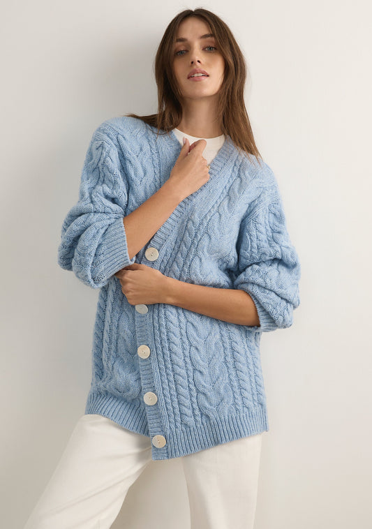 Image of a model wearing Outerwear. Productname: Auguste The Label Zoya Cardigan in Blue colour by brand - Auguste The Label