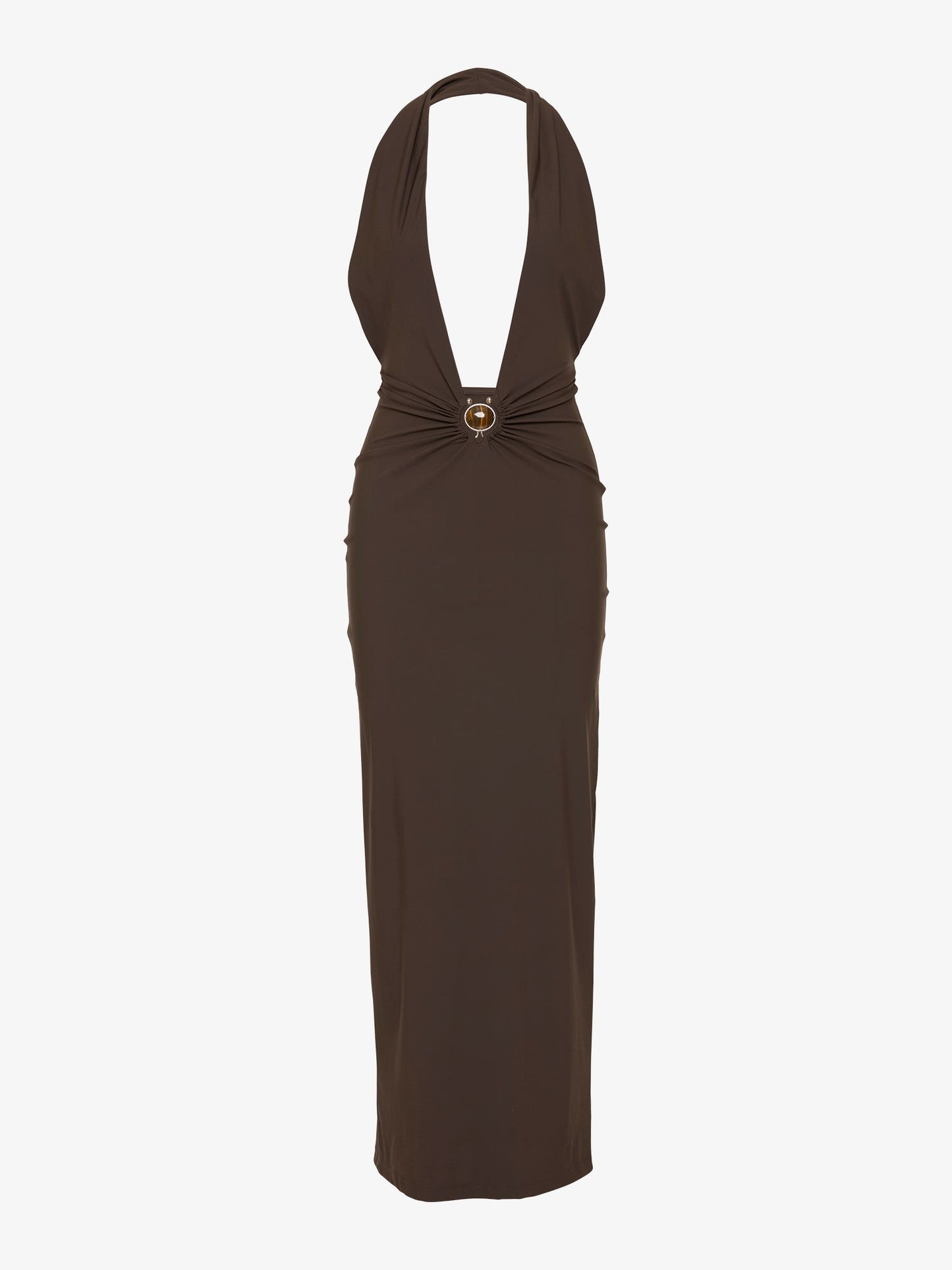 CHRISTOPHER ESBER Mineral Stone Ruched Halter Lycra Dress (Umber)