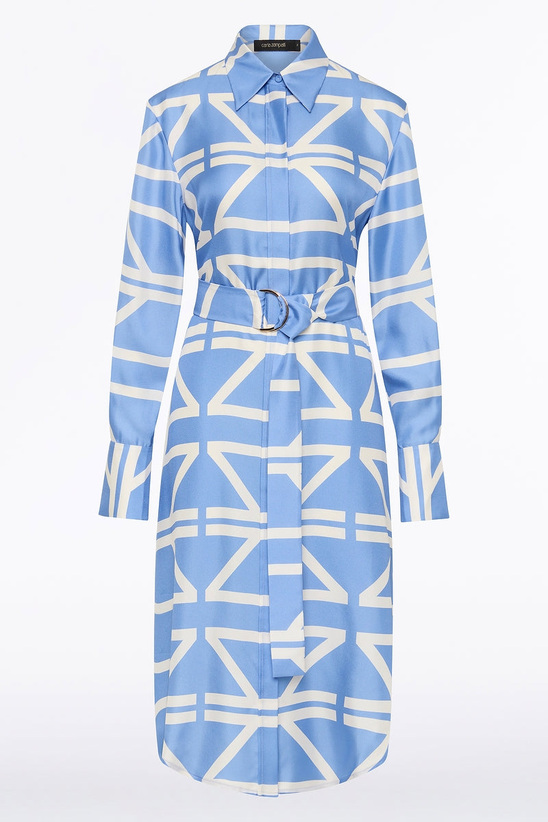 Carla Zampatti Pacific And Ivory Grid Silk Twill Relaxed Shirt Dress (Blue)