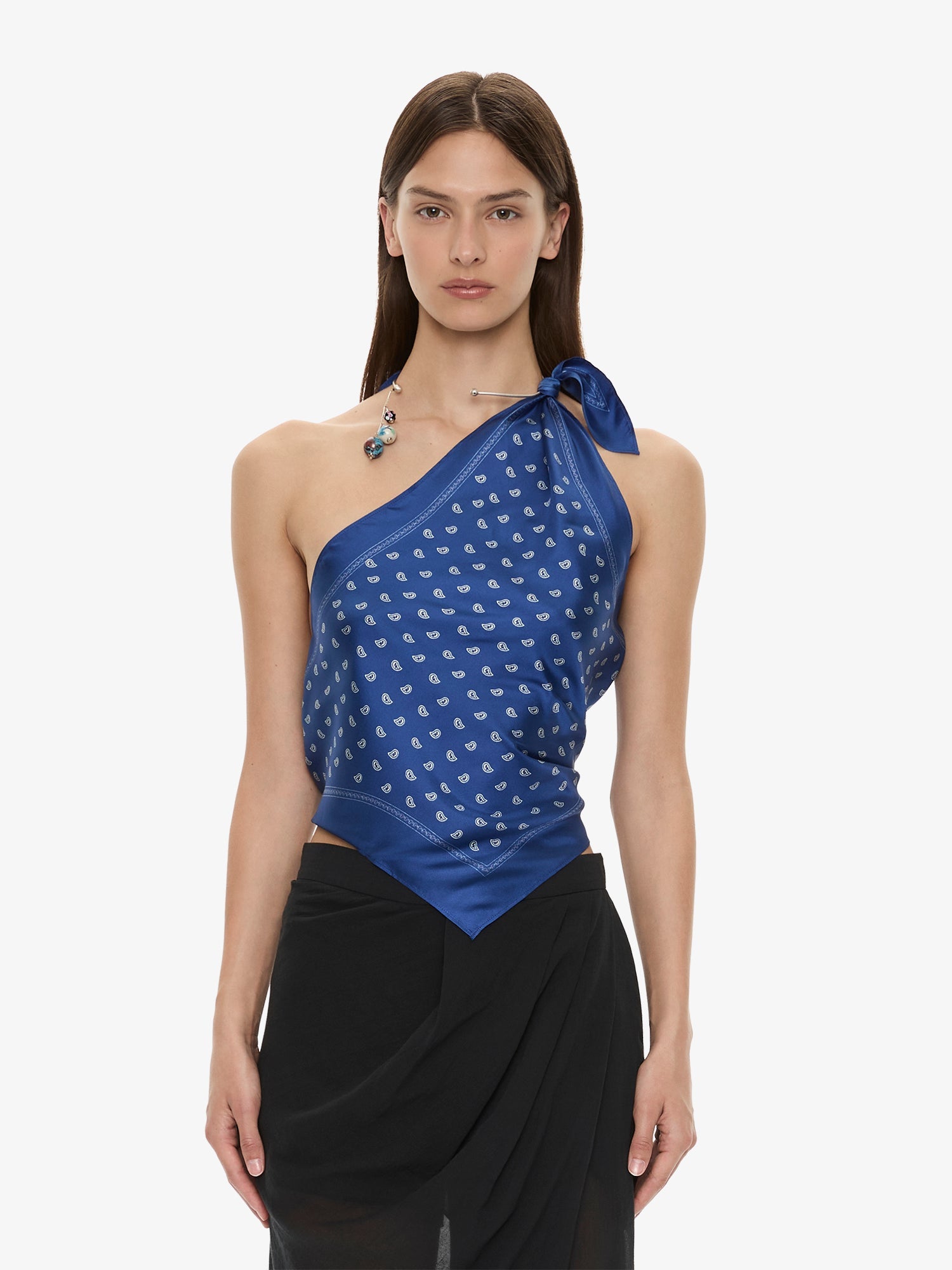 Image of a model wearing Tops. Product name - Bandana Scarf Tie Top in Print colour by brand - CHRISTOPHER ESBER