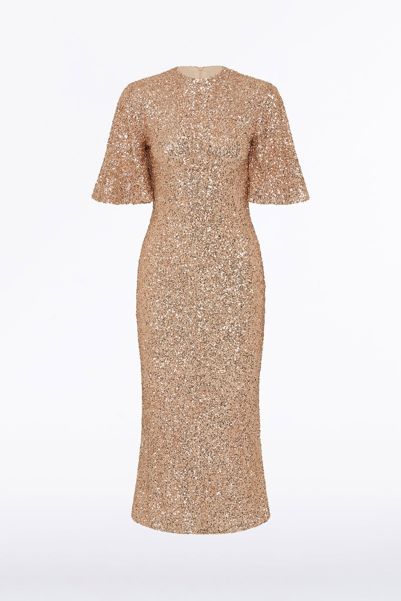 Carla Zampatti Champagne Crushed Sequin Bell Sleeve Midi Dress (Gold)