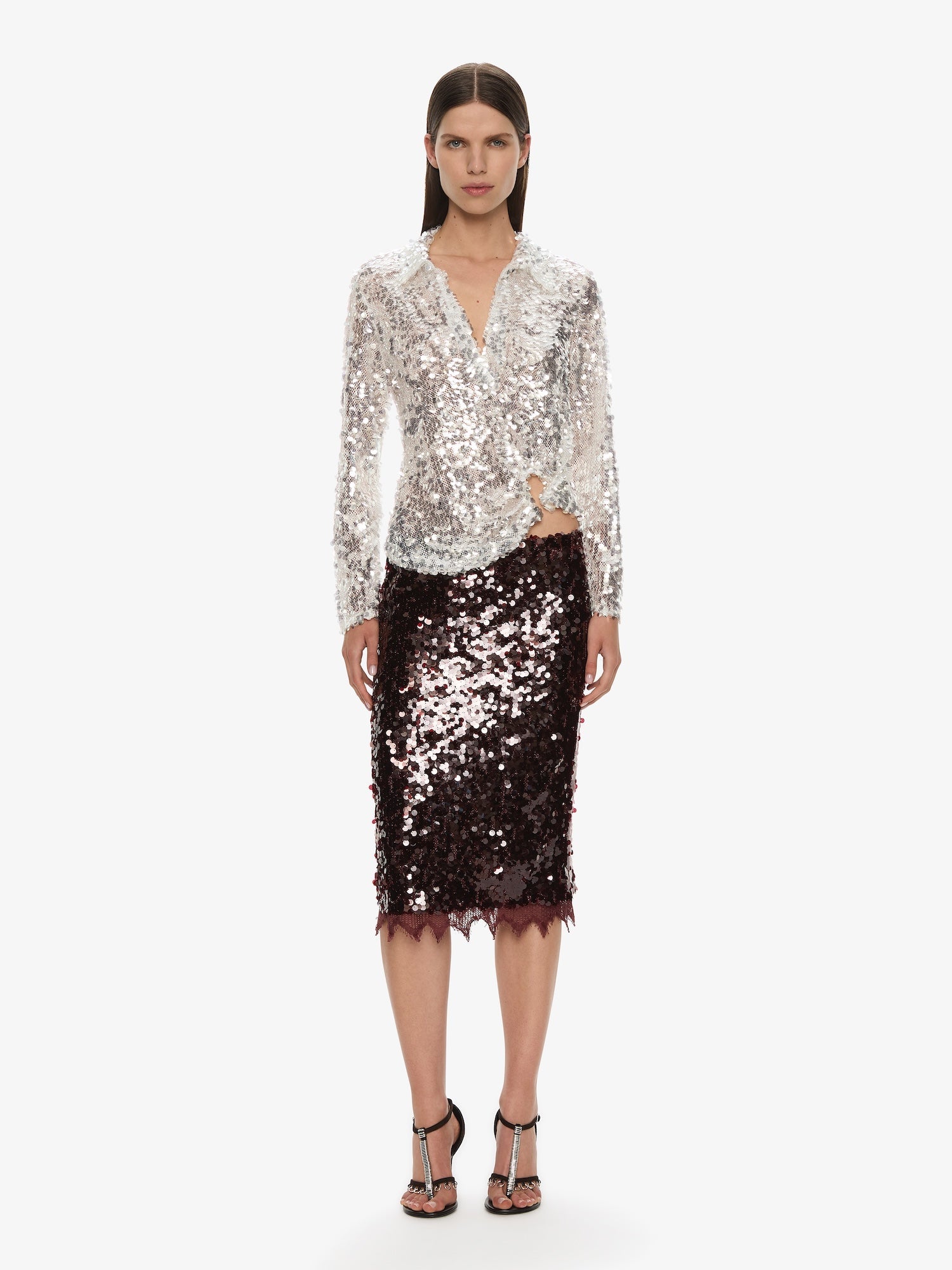 Image of a model wearing Skirts. Productname: CHRISTOPHER ESBER Opaline Sequin Skirt in Maroon colour by brand - CHRISTOPHER ESBER