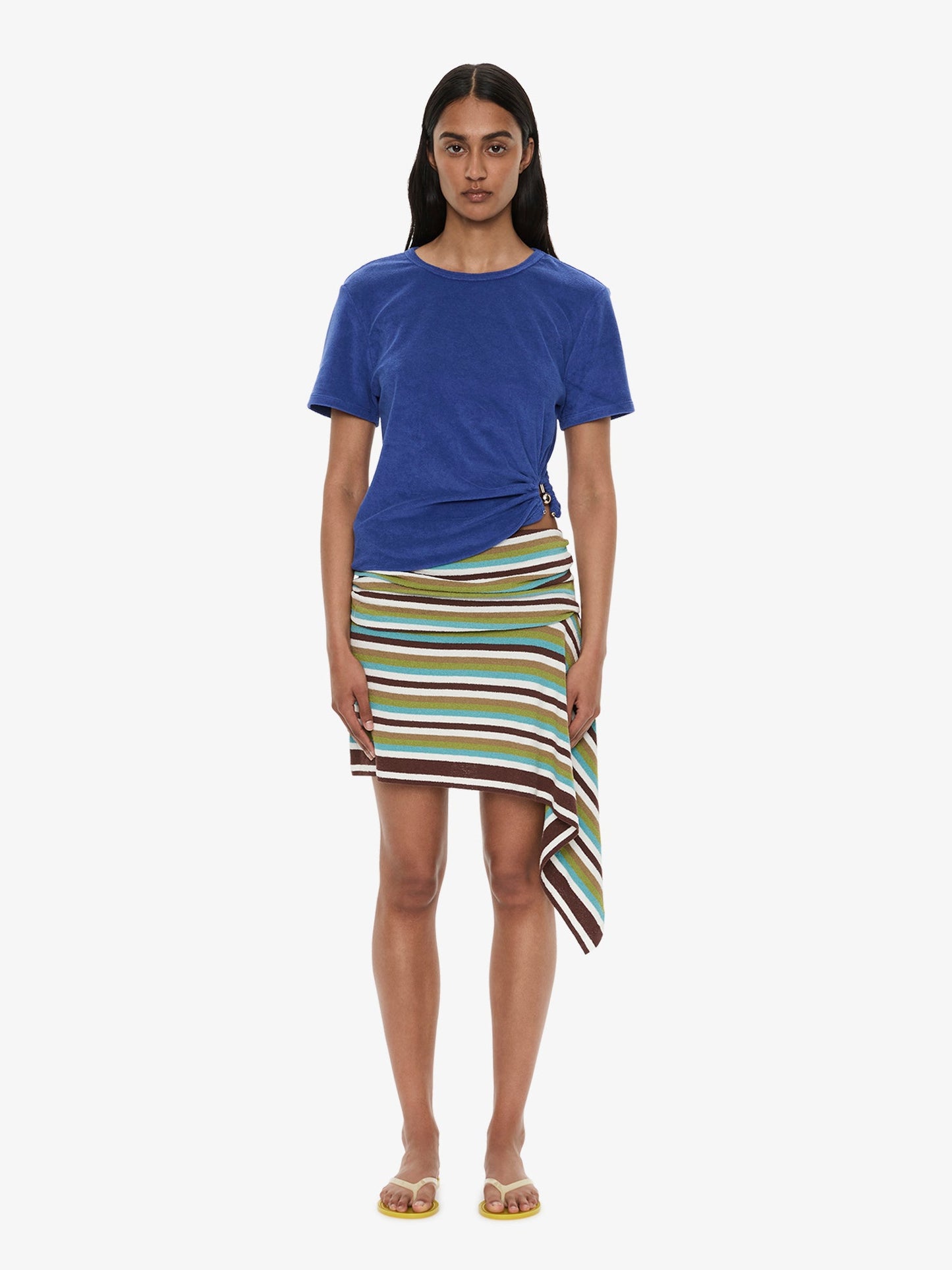 Image of a model wearing Skirts. Product name - Stripe Knit Extension Drape Mini Skirt in Stripe colour by brand - CHRISTOPHER ESBER