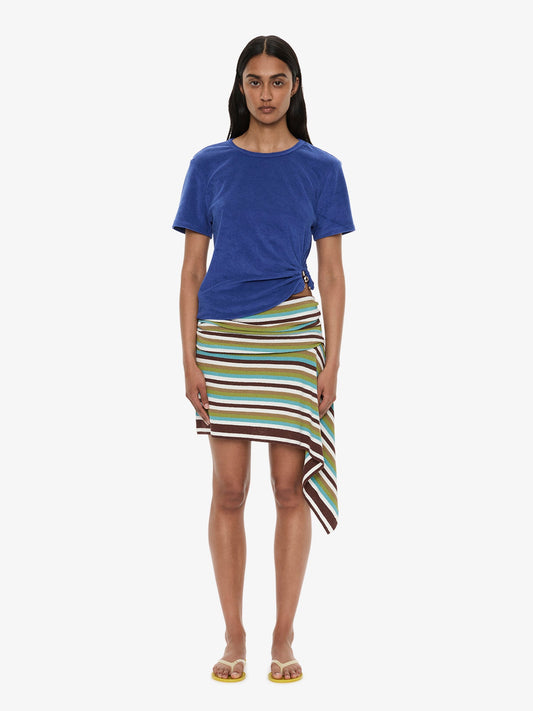 Image of a model wearing Skirts. Product name - Stripe Knit Extension Drape Mini Skirt in Stripe colour by brand - CHRISTOPHER ESBER