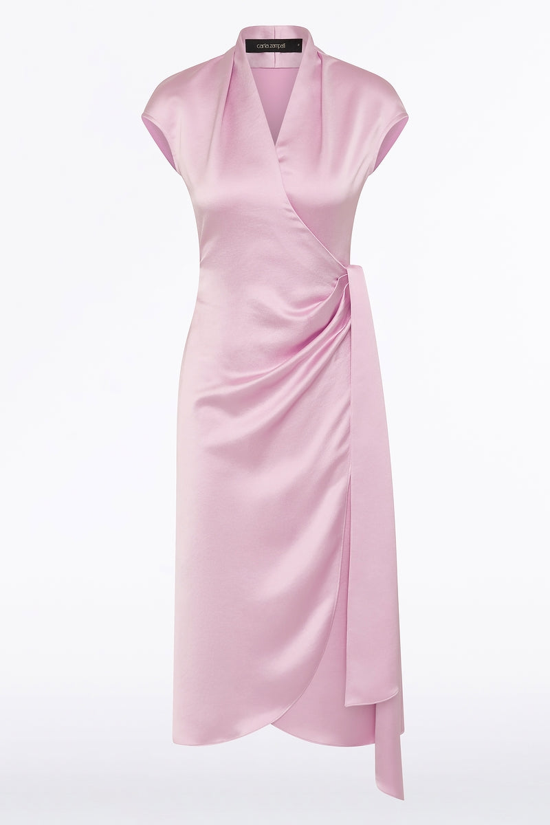 Carla Zampatti Floss Lustre Satin Cap Sleeve Wrap Midi Dress (Pink)