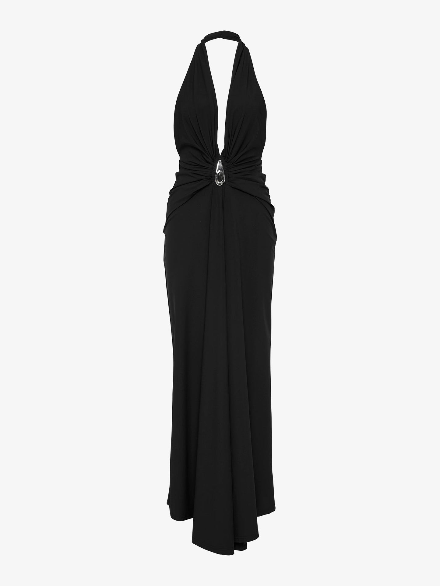 CHRISTOPHER ESBER Crystal Pendant Ruched Lycra Halter Dress (Black)