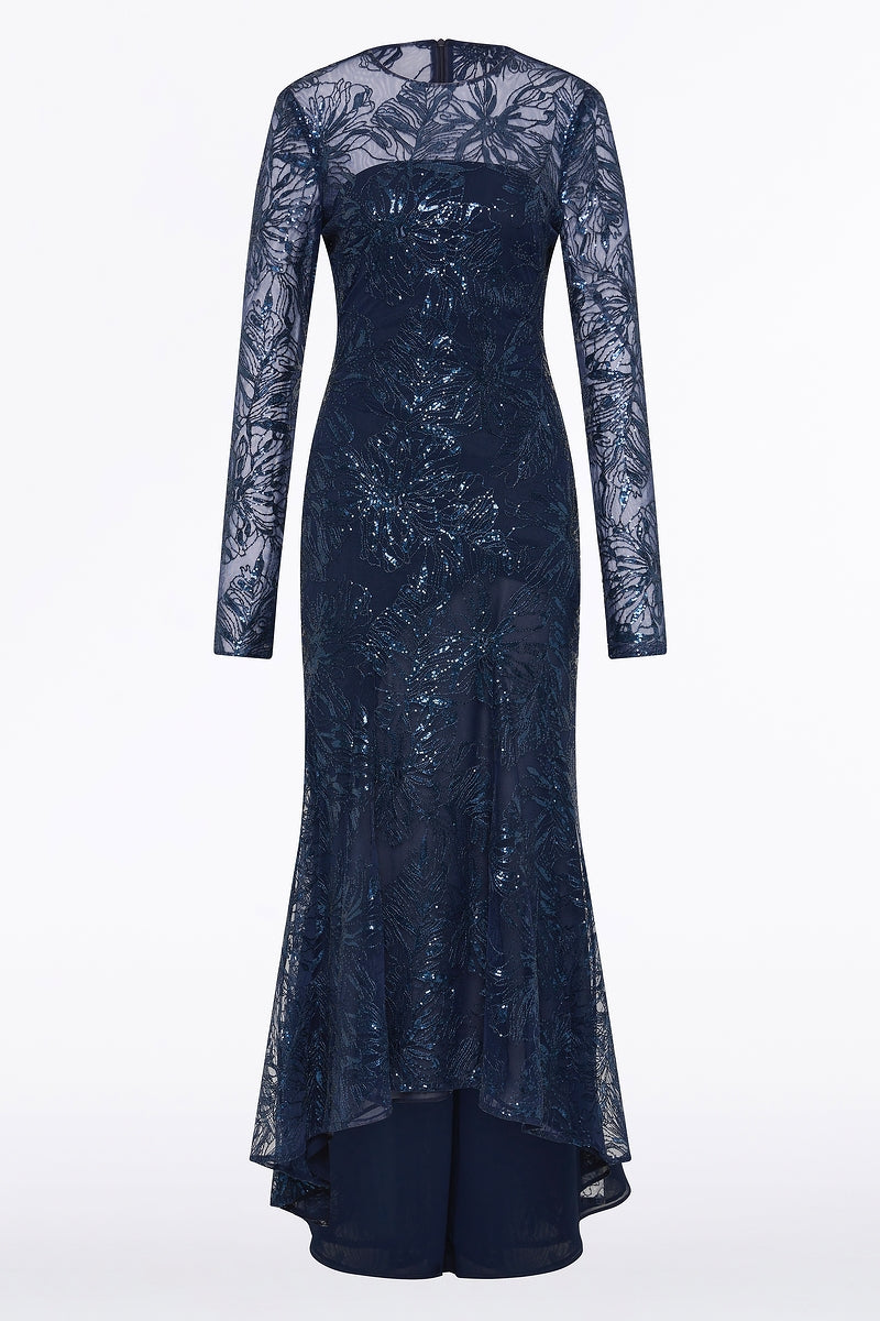 Carla Zampatti Floral Mesh Long Sleeve Gown (Navy)