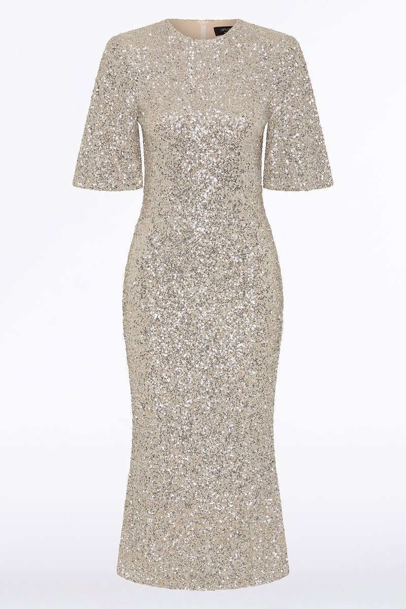 Carla Zampatti Crushed Sequin Bell Sleeve Midi Dress (Ivory)
