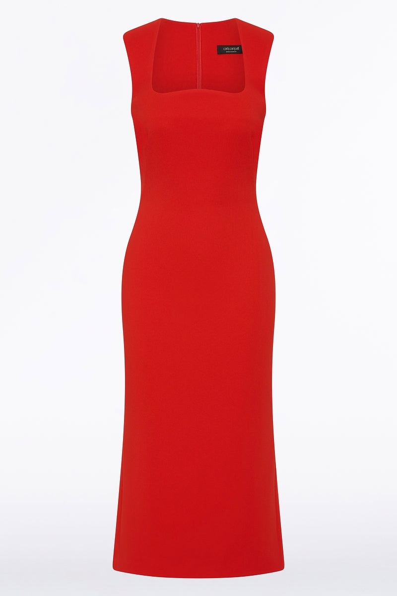 Carla Zampatti Crepe Curve Neck Detail Midi Dress (Red)