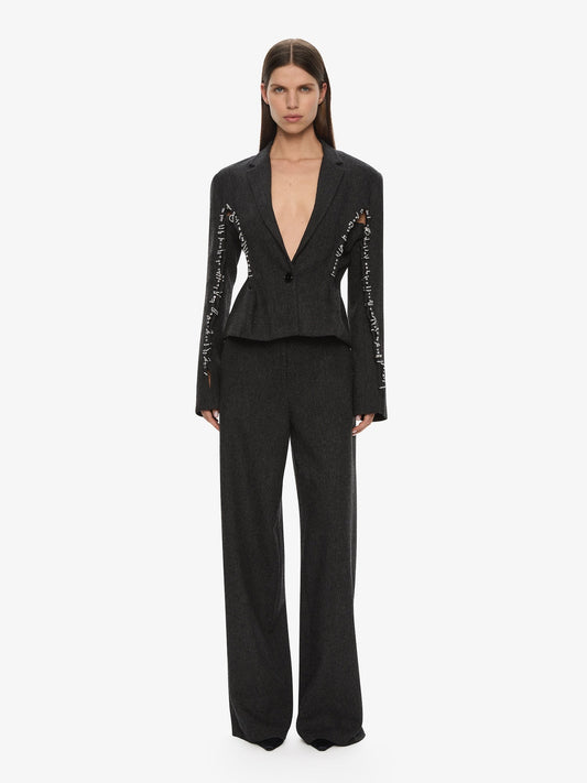 Image of a model wearing Outerwear. Productname: CHRISTOPHER ESBER Palmas Pierced Blazer in Carbon colour by brand - CHRISTOPHER ESBER