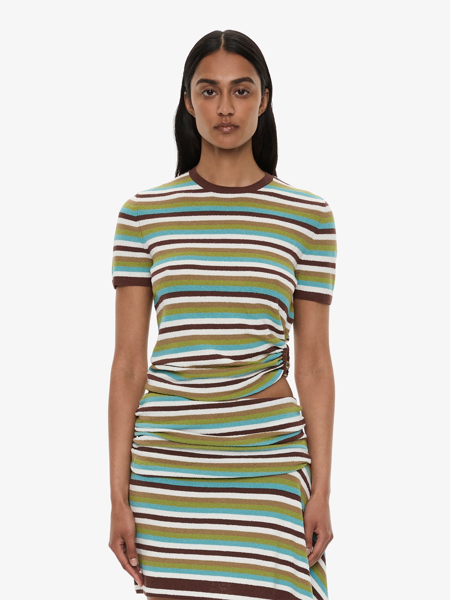 Image of a model wearing Tops. Product name - Stripe Knit Orbit Tee in Stripe colour by brand - CHRISTOPHER ESBER