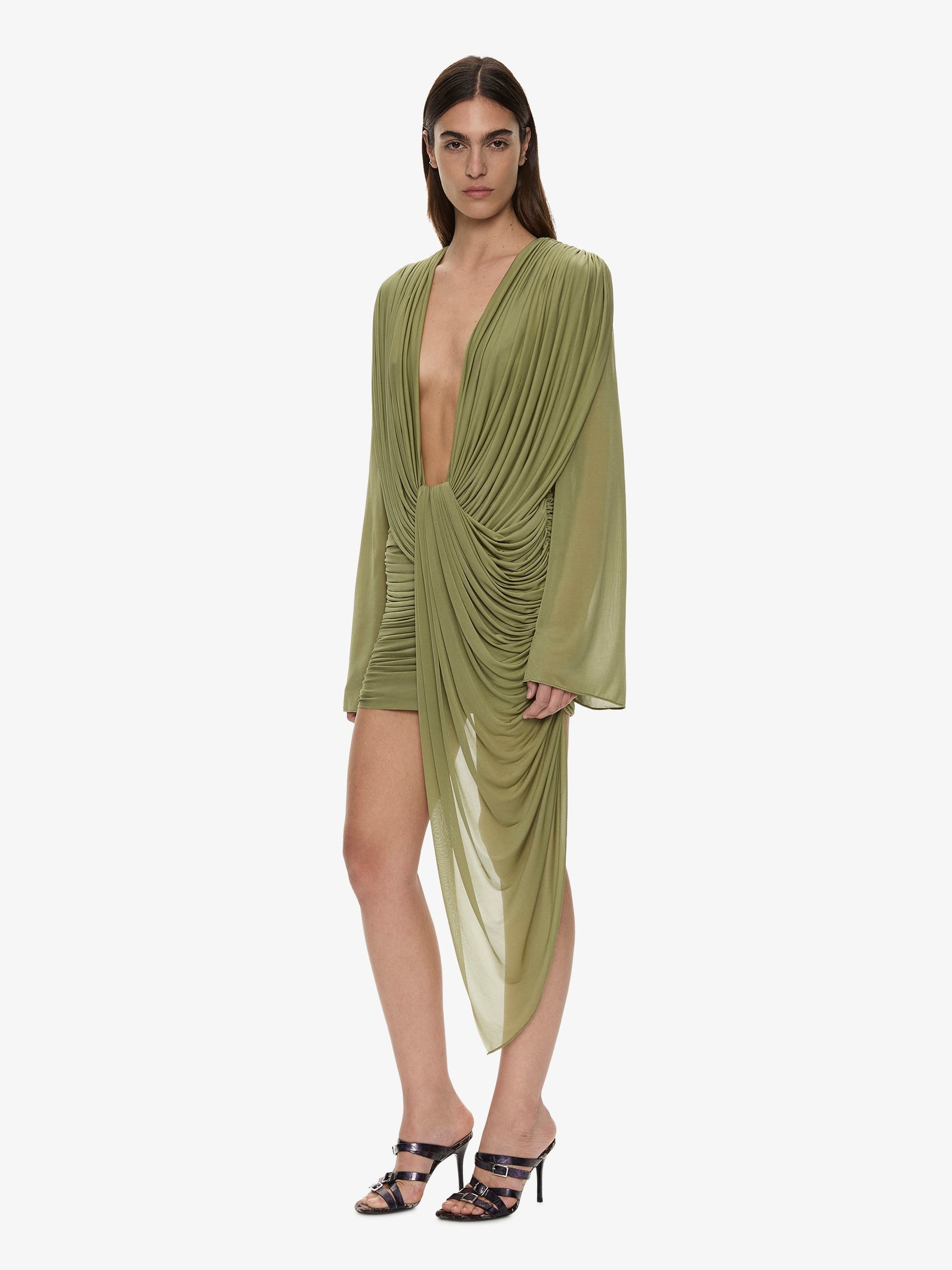 Image of Dresses. Product name - Ripple Drape Long Sleeve Mini Dress in Fennel colour by brand - CHRISTOPHER ESBER