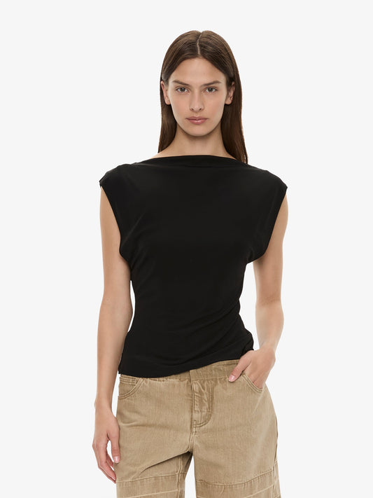 Image of a model wearing Tops. Product name - Tortoise Chain Link Tank in Black colour by brand - CHRISTOPHER ESBER