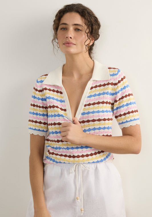 Image of a model wearing Outerwear. Productname: Auguste The Label Riva Knit Top in Print colour by brand - Auguste The Label