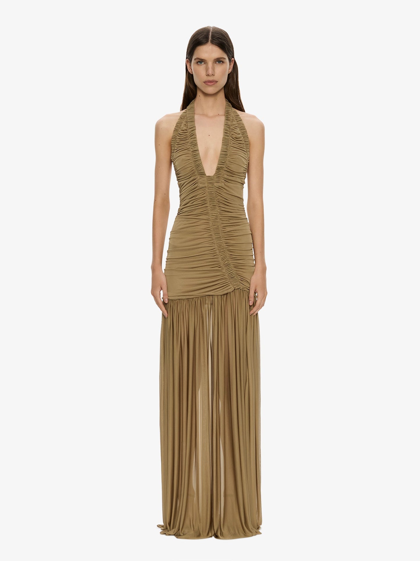 Image of Dresses. Product name - Orion Gown in Khaki colour by brand - CHRISTOPHER ESBER