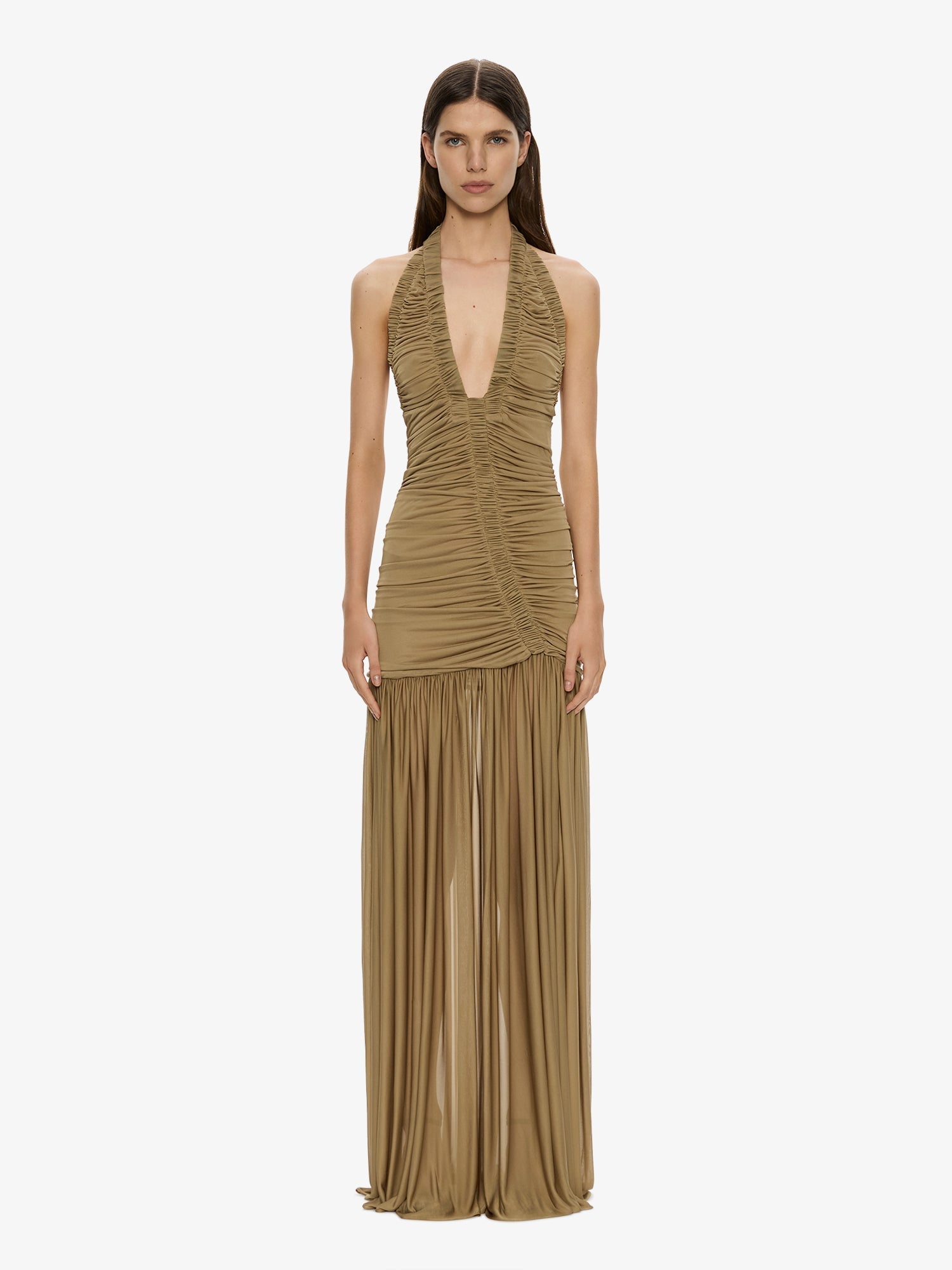 Image of Dresses. Product name - Orion Gown in Khaki colour by brand - CHRISTOPHER ESBER