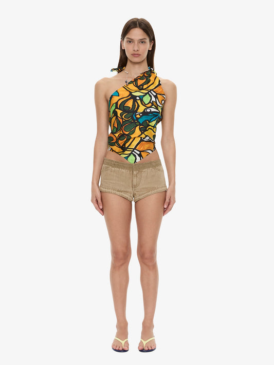 Image of a model wearing Shorts. Product name - Reconstruct Denim Micro Short in Eucalypt colour by brand - CHRISTOPHER ESBER