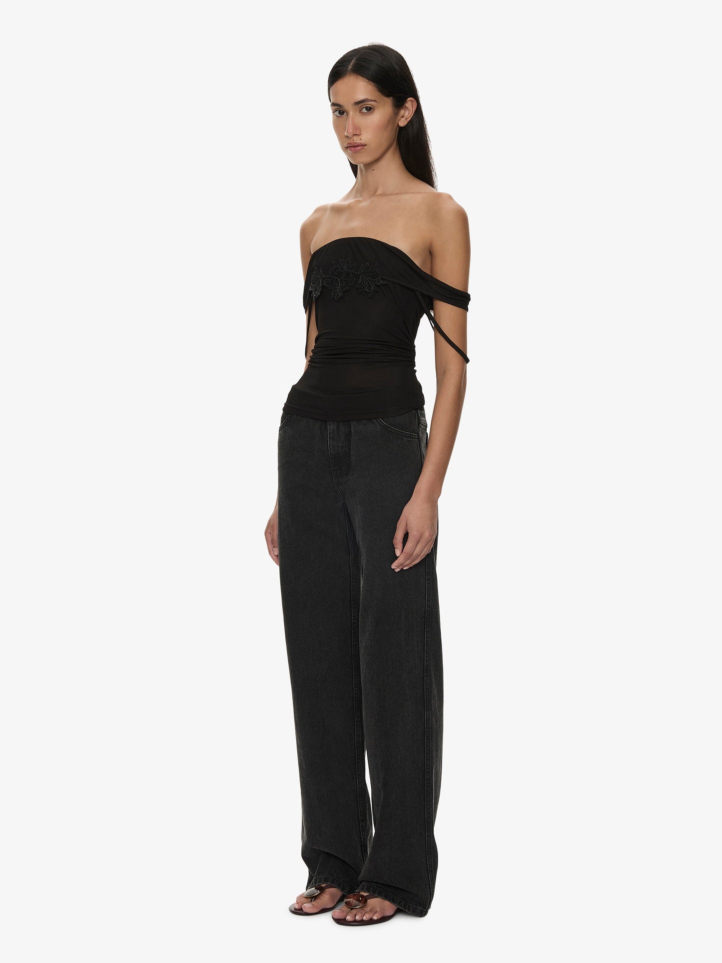 CHRISTOPHER ESBER Hibiscus Embroidered Rib Foldover Cami (Black)