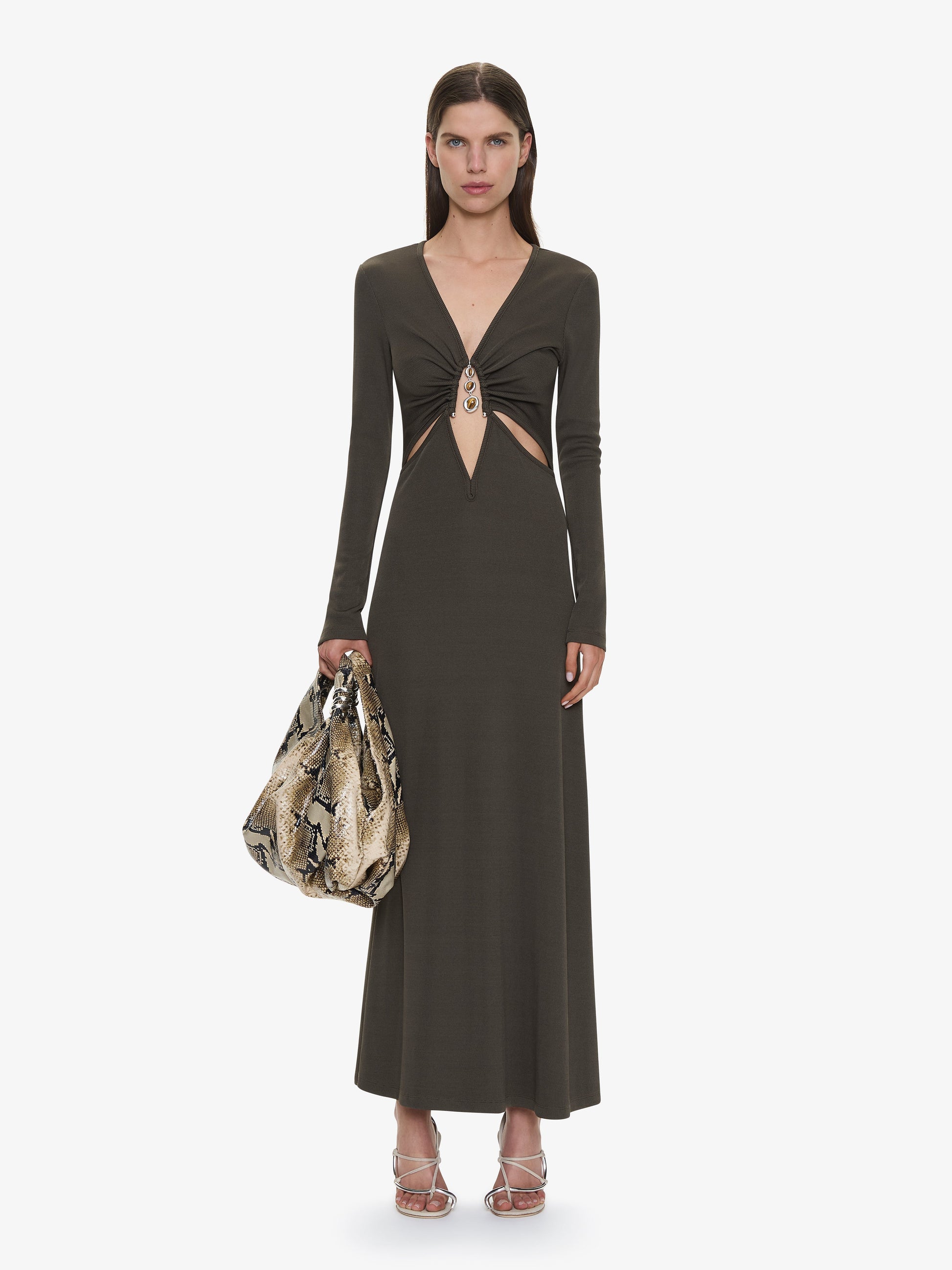 Image of Dresses. Productname: CHRISTOPHER ESBER Droplet Crystal Loophole Long Sleeve Dress in Husk colour by brand - CHRISTOPHER ESBER