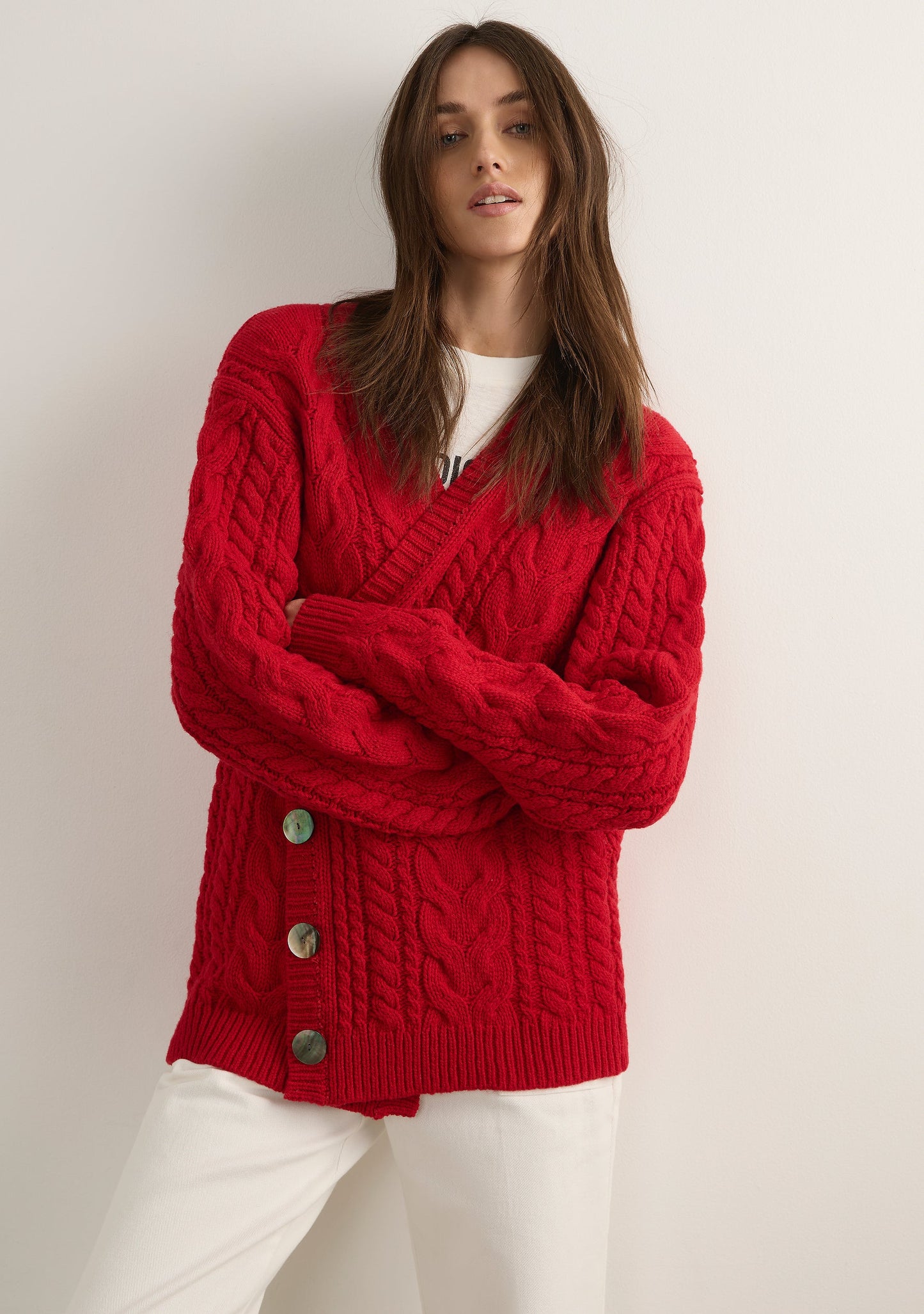 Image of a model wearing Outerwear. Productname: Auguste The Label Zoya Cardigan in Red colour by brand - Auguste The Label