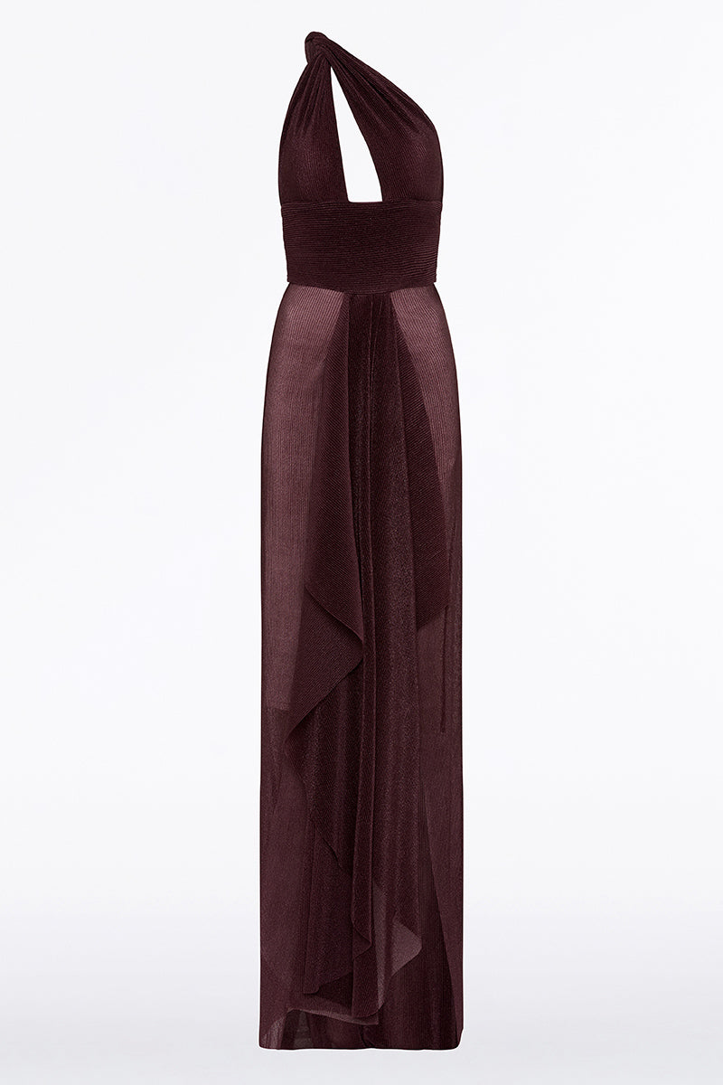 Carla Zampatti Sheer Plisse One Shoulder Gown (Plum)