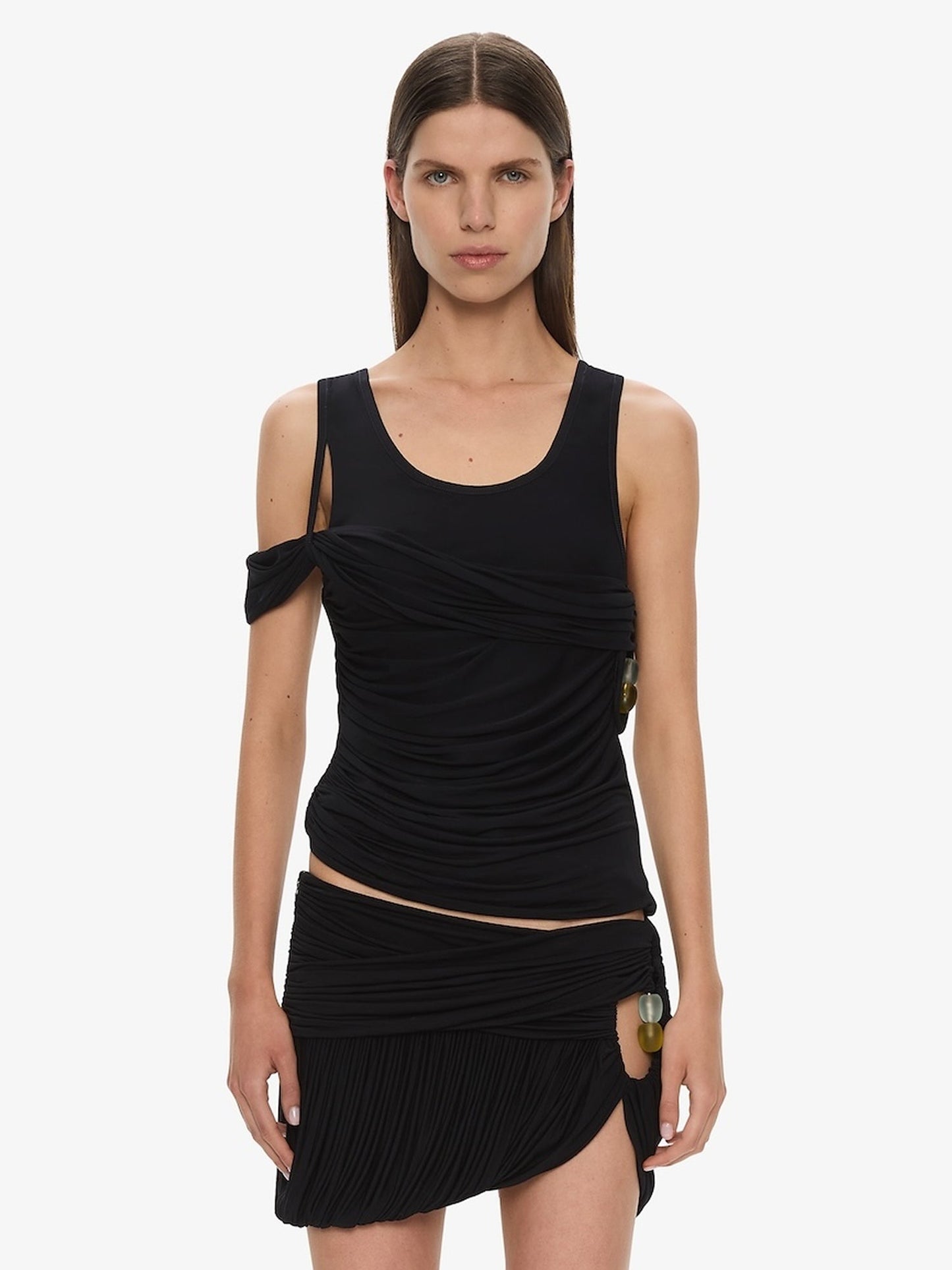 Image of a model wearing Tops. Productname: CHRISTOPHER ESBER Beach Glass Shawl Jersey Tank in Ink colour by brand - CHRISTOPHER ESBER