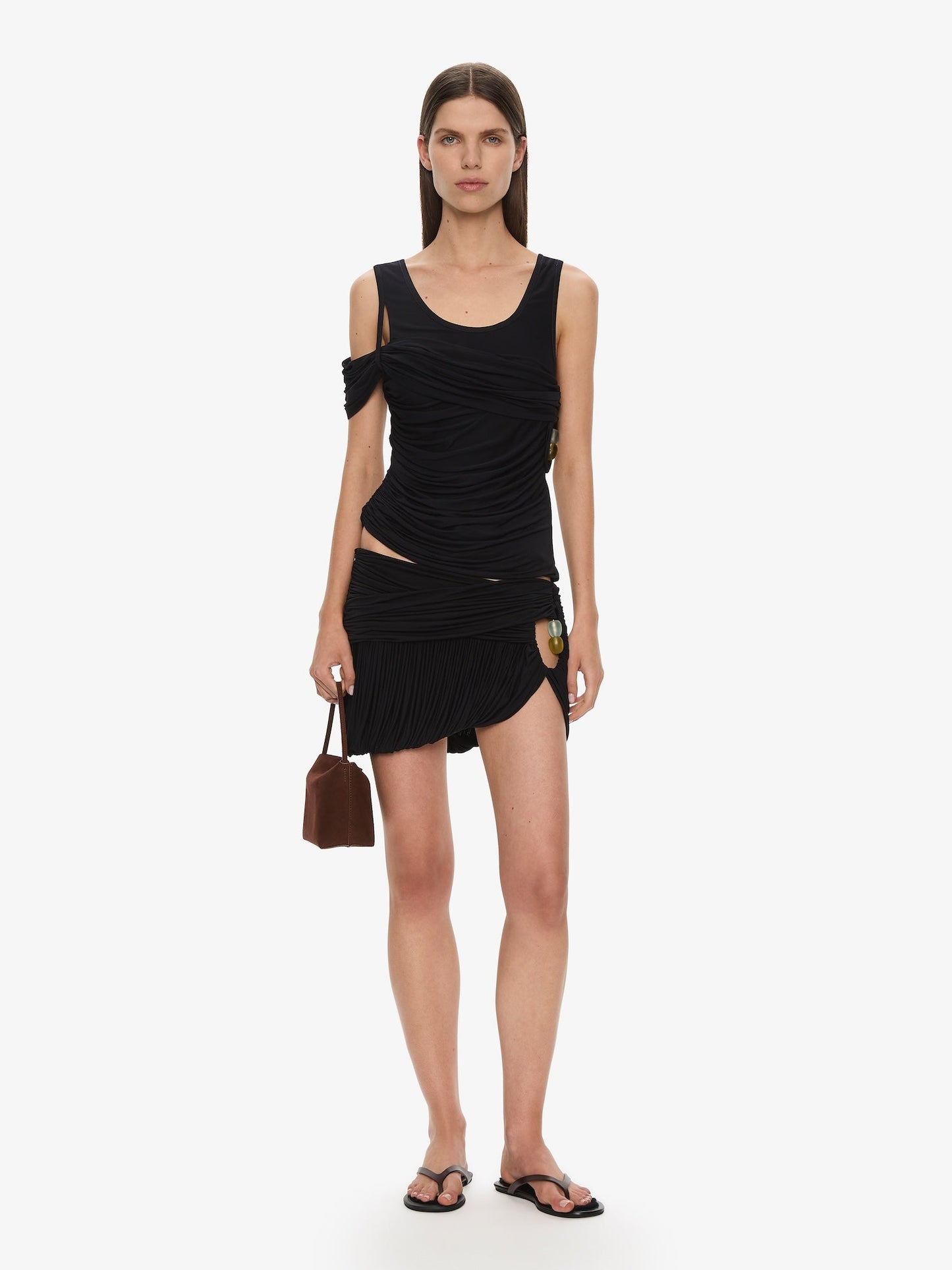 Image of a model wearing Skirts. Productname: CHRISTOPHER ESBER Beach Glass Bubble Mini Skirt in Ink colour by brand - CHRISTOPHER ESBER