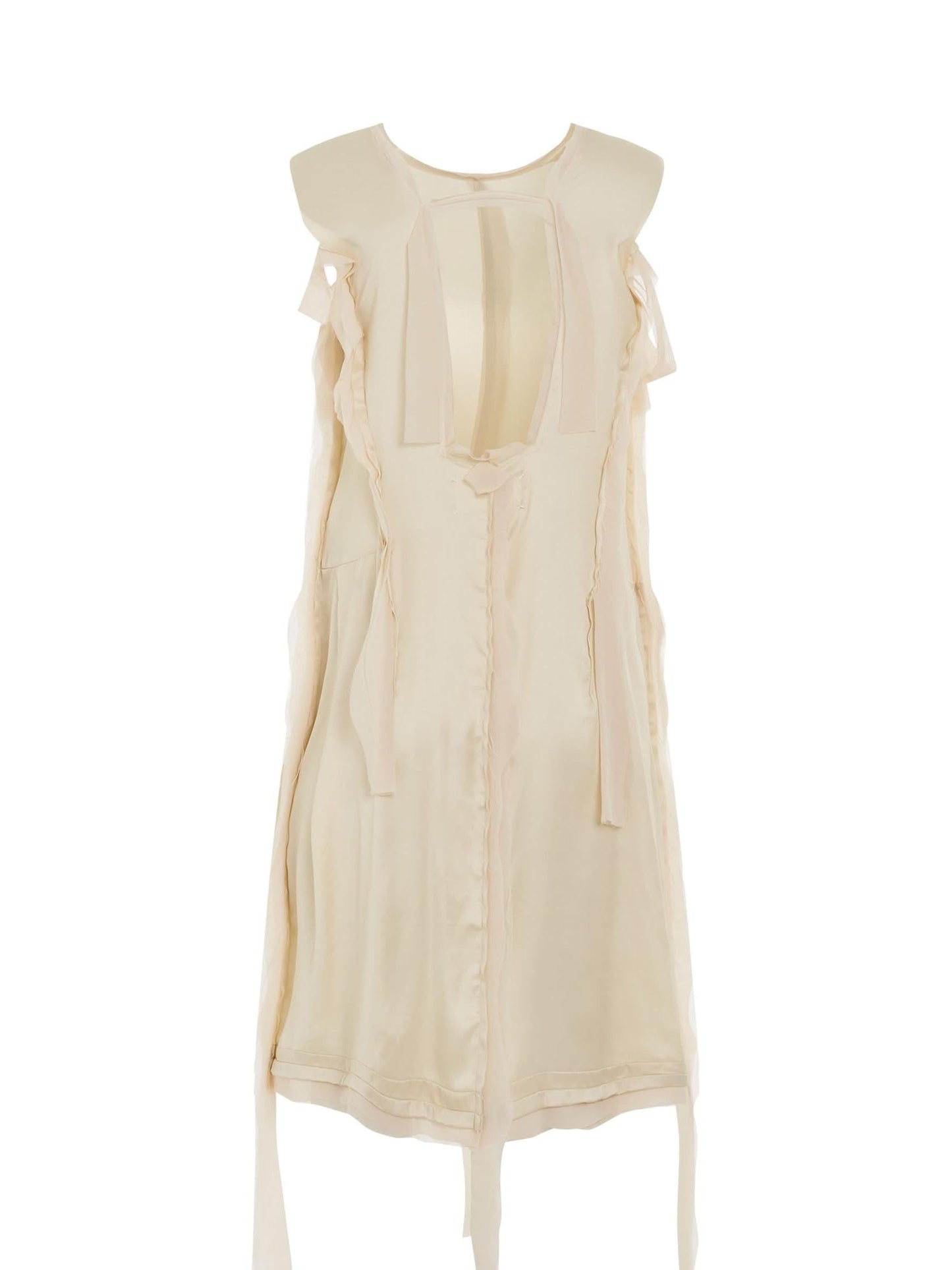 Image of a model wearing Dress. Productname: MAISON MARGIELA Asymmetric Distressed Dress in Butter colour by brand - MAISON MARGIELA