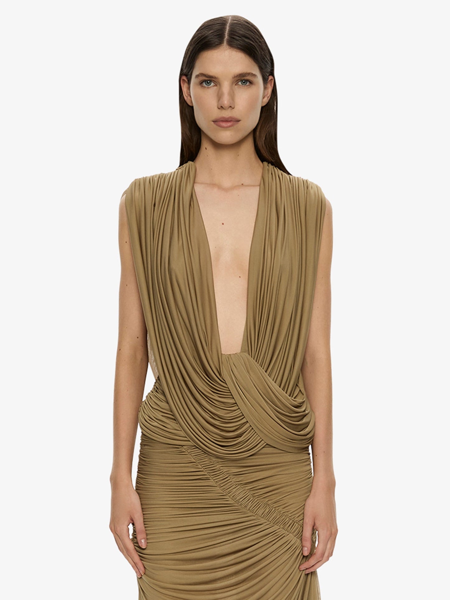 Image of a model wearing Tops. Product name - Ripple Drape Top in Khaki colour by brand - CHRISTOPHER ESBER