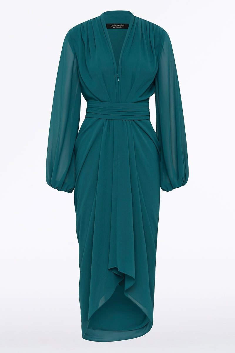 Carla Zampatti Serpentine Georgette Long Sleeve Waterfall Dress (Green)