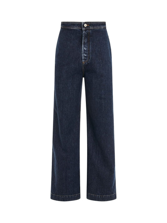 Image of a model wearing Denim. Productname: LOEWE High Waisted Jeans in Raw Denim colour by brand - LOEWE