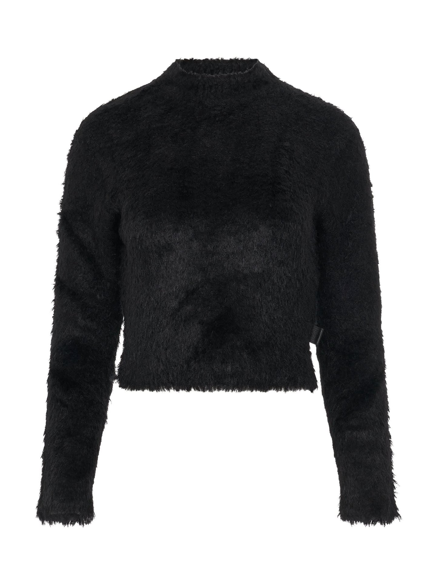 Image of a model wearing Outerwear. Productname: LOEWE Fluffy Sweater in Black colour by brand - LOEWE