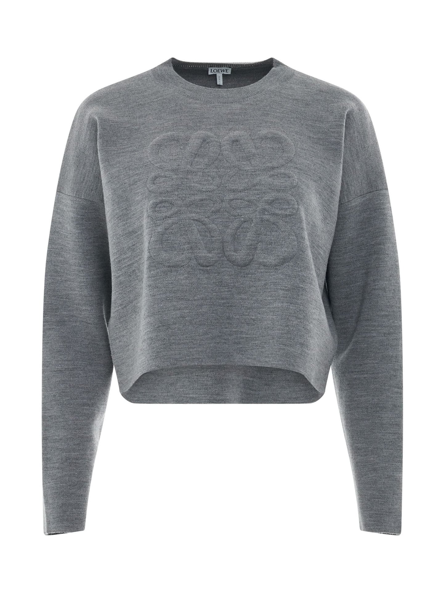 Image of a model wearing Outerwear. Productname: LOEWE Short Anagram Sweater in GREY colour by brand - LOEWE